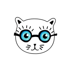 White cat in blue glasses on the eyes.