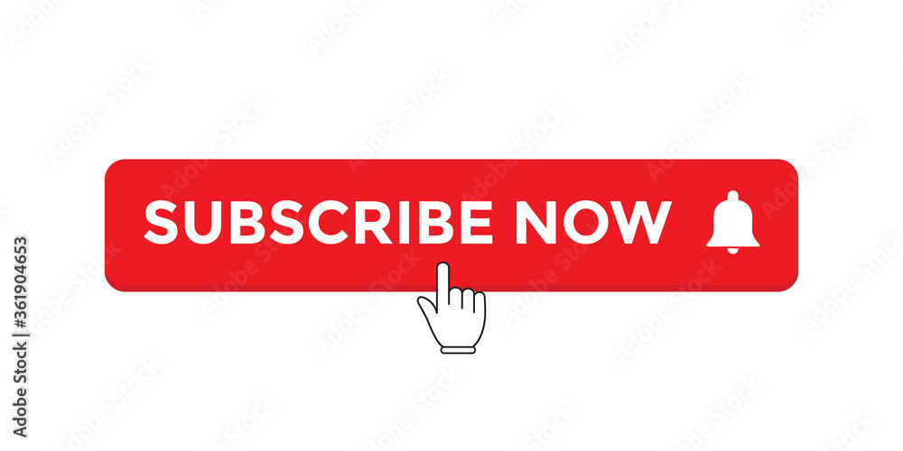 Poster subscribe now button with click hand cursor icon vector for channel in trendy flat style