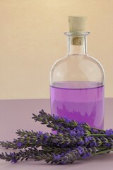 Lavender water. Lavender Extract.Lavender essence in transparent bottles set and sprigs of lavender flowers on a purple background.Organic natural cosmetics concept. Lavender cosmetics