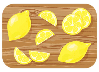 Juicy fresh lemons. Sliced fruit on a wooden board. Vector illustration isolated on a white background.