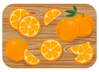 Juicy fresh oranges. Sliced fruit on a wooden board. Vector illustration isolated on a white background.