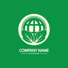 Eco World Nature Global Logo Design Template.World Globe Icon with Leaf Symbol around. Usable for Business, Nature, Environment, Science and Ecology Logos. Flat Vector Logo Design Template Element.