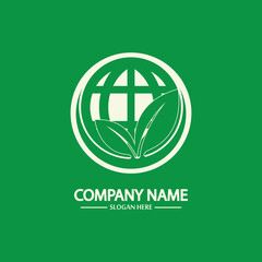 Eco World Nature Global Logo Design Template.World Globe Icon with Leaf Symbol around. Usable for Business, Nature, Environment, Science and Ecology Logos. Flat Vector Logo Design Template Element.