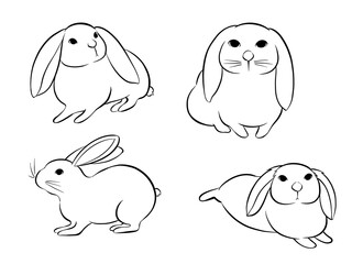 Illustration of rabbits, cartoon design, digtal art, black and white.