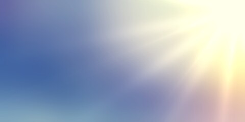 Sun shine on blue sky abstract illustration. Bright rays of light on blurred background.