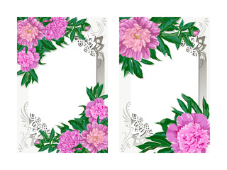 Template for invitation, greeting card, decorated with pink flowers of peony and leaves.