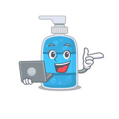 Smart cartoon character of hand wash gelstudying at home with a laptop