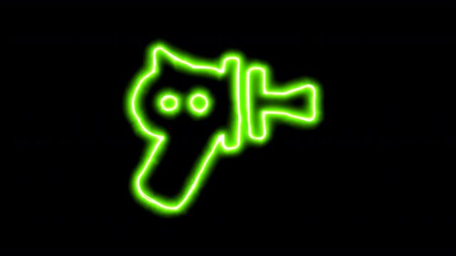 The appearance of the green neon symbol raygun. Flicker, In - Out. Alpha channel Premultiplied - Matted with color black