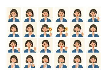 Fototapeta na wymiar Face expressions of a businesswoman works in call center. Different female emotions and poses set.
