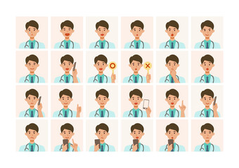 Face expressions of a doctor man in lab coat. Different male emotions and poses set.