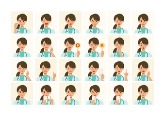 Face expressions of a doctor woman in lab coat. Different female emotions and poses set.