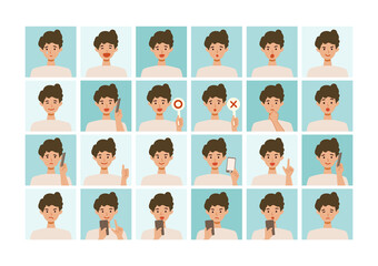 Face expressions of man. Different male emotions and poses set.