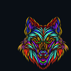 the wolf  beast line pop art potrait logo design with dark background