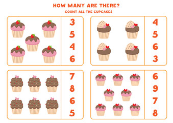Math game with cupcakes. Count and circle the right answer.