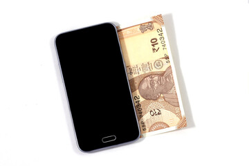 Mobile smart phone and indian rupee notes, digital money,fin-tech,money making online concepts