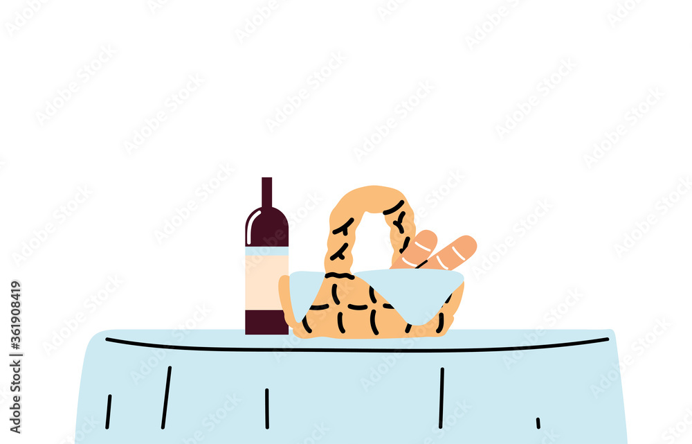 Poster restaurant table with wine botttle and breads basket vector design