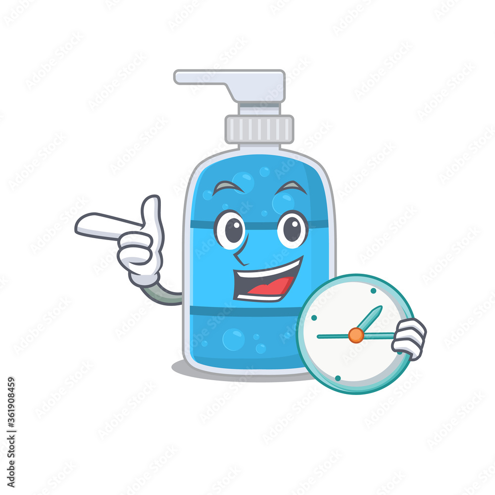 Poster mascot design style of hand wash gel standing with holding a clock