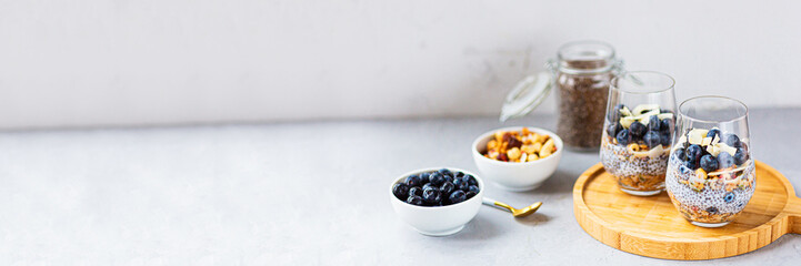 Chia pudding with granola and fresh blueberries in the glasses on a gray concrete background with copy space. Concept of healthy eating, healthy lifestyle, dieting, fitness menu. Selective focus