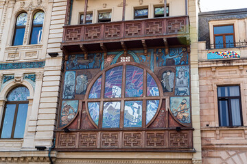 Decoratively decorated facade of a building on the Memed Abashidze street in Batumi city - the capital of Adjara in Georgia