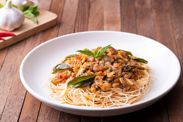 Stir fried capellini pasta with Short Necked Clam .Thai style food