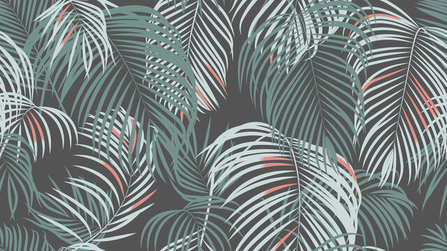 Foliage seamless pattern, simple palm leaves on dark grey