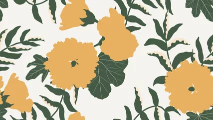 Poster Floral seamless pattern, simple yellow flowers with leaves on bright grey © momosama