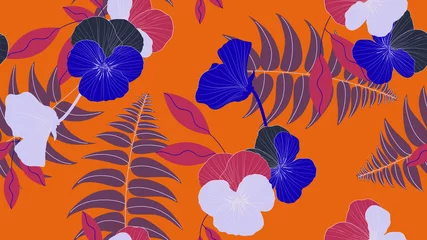 Muurstickers Floral seamless pattern, pansy flowers with leaves on orange © momosama