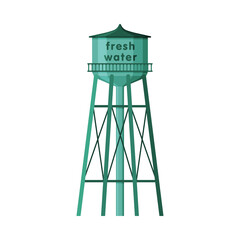 Fresh Water Tower, Metal Green Industrial Construction, Countryside Life Object Flat Vector Illustration on White Background