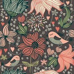 Vector colorful pattern with birds and flowers, retro style, floral backdrop. Spring, summer flower design for web, wrapping paper, cover, textile, fabric, wallpaper