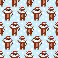 Obraz premium Seamless pattern with cartoon bull in santa hat. Vector illustration.
