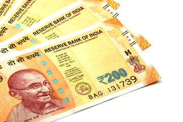 New Indian currency of 200 rupee note on white isolated background, Indian Currency, Rupee, Indian Rupee,Indian Money