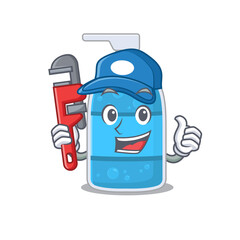 cartoon character design of hand wash gel as a Plumber with tool