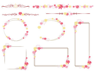 Illustration of a set of ruled lines and frames with cosmos flowers. © hichako