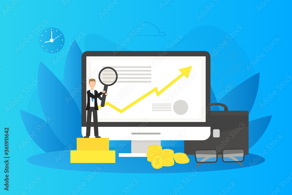 Poster tiny successful businessman with magnifying glass looking at graph on computer screen, business char