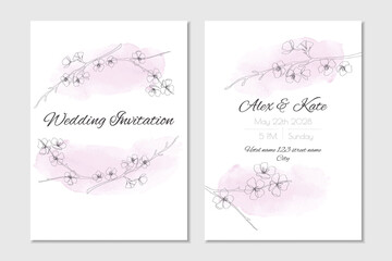 Naklejka na ściany i meble Vector wedding invitation template with pink watercolour cherry branches