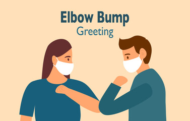 Obraz premium Elbow bump concept. Man and woman hit elbow for greeting. Safe greeting to prevent Covid-19 coronavirus influenza infection vector illustration. New normal greeting method.