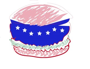Burger with usa flag formation.American flag burger. National emblem. Patriotic illustration on white background. US independence day 