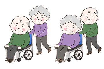 仲良く車椅子を押す高齢カップル