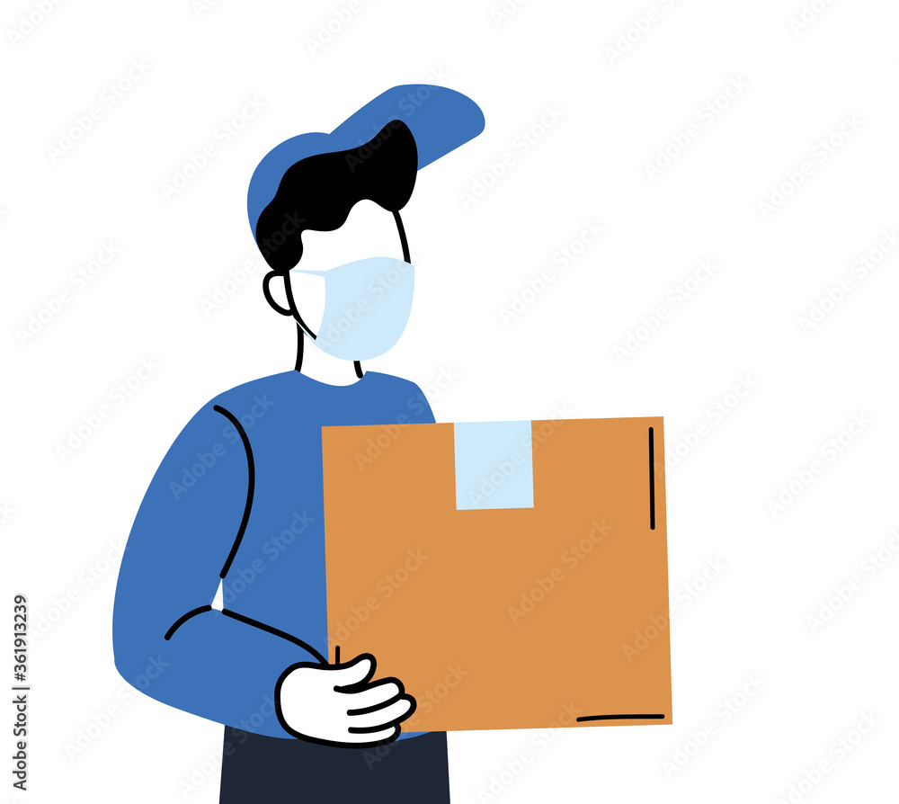 Poster delivery man with mask and box vector design