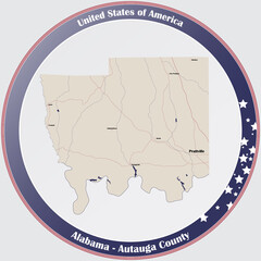 Round button with detailed map of Autauga county in Alabama, USA.
