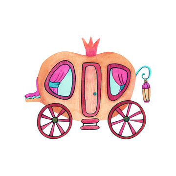 Fairy carriage for princess decorated with crown and curtains on the windows. Watercolor illustration  isolated on white background. Great for kids products design.