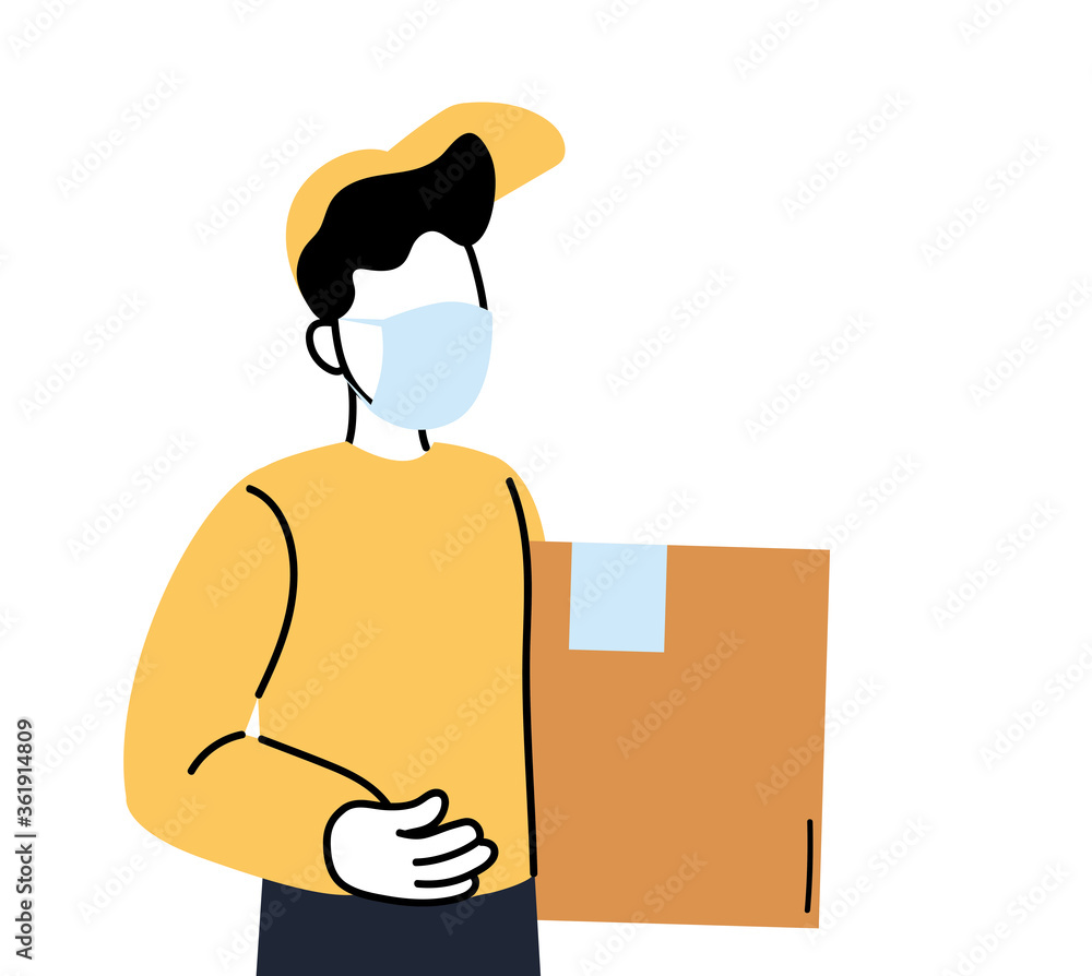 Poster delivery man with mask and box vector design