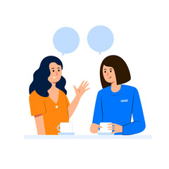 Fototapeta premium Two female friends with speech bubbles at coffee shop in flat design