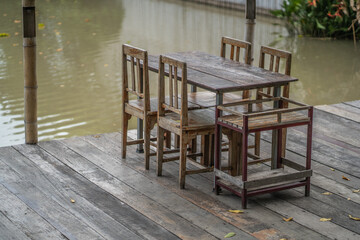 Wooden dining table by the river