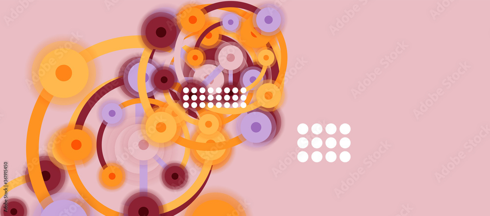 Poster flat style geometric abstract background, round dots or circle connections on color background. tech
