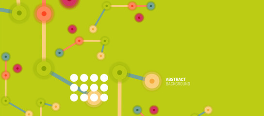 Flat style geometric abstract background, round dots or circle connections on color background. Technology network concept.