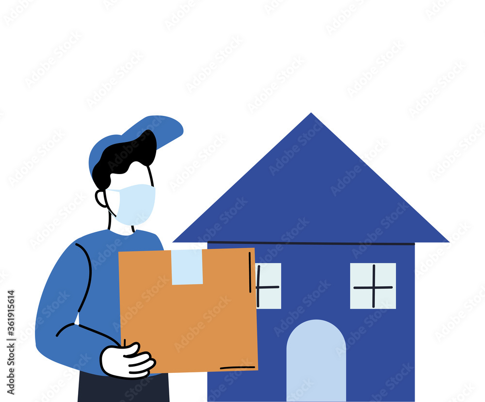 Poster delivery man with mask and box in front of house vector design