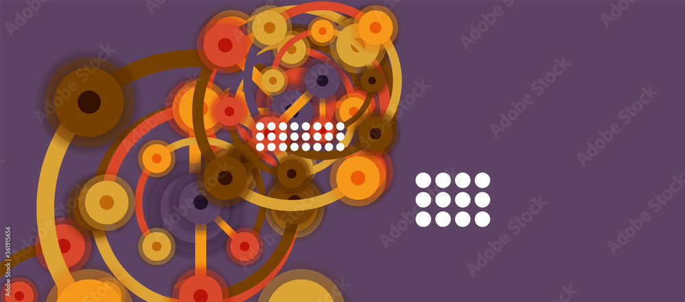 Poster flat style geometric abstract background, round dots or circle connections on color background. tech