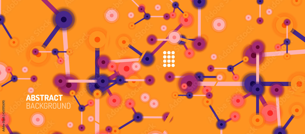 Poster flat style geometric abstract background, round dots or circle connections on color background. tech