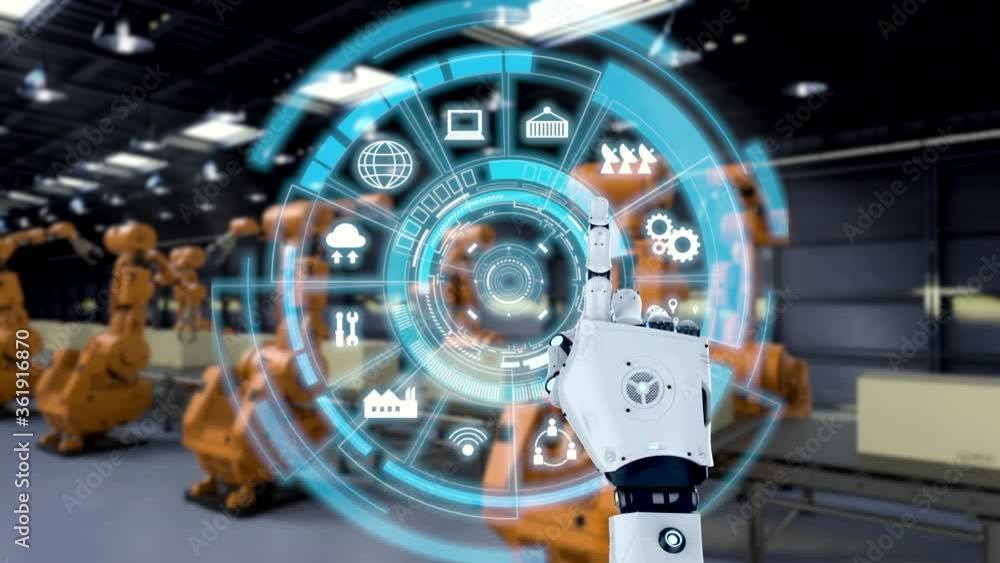Poster 3d rendering cyborg hand with graphic display in factory 4k animation